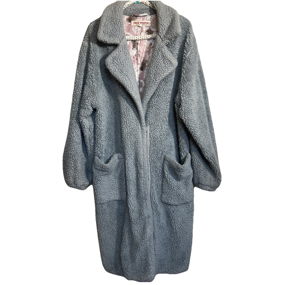 Free People Tessa Teddy Coat Sz L Dusty Blue Sherpa Oversized Boho Cozy Jacket
